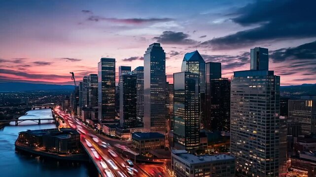 Urban cityscape buildings skyline hyperlapse aerial