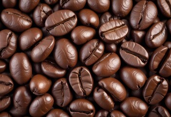Obraz premium Close-up of roasted coffee beans, with their rich brown color and textured surfaces filling the frame