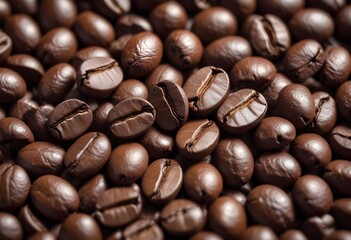 Obraz premium Close-up of roasted coffee beans, with their rich brown color and textured surfaces filling the frame