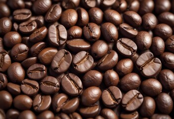Obraz premium Close-up of roasted coffee beans, with their rich brown color and textured surfaces filling the frame
