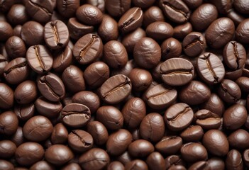 Obraz premium Close-up of roasted coffee beans, with their rich brown color and textured surfaces filling the frame