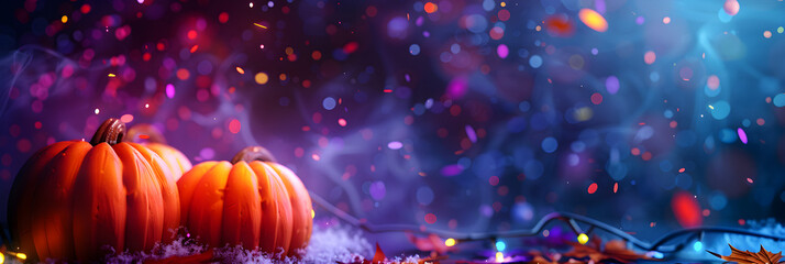 Halloween pumpkins on a beautiful pink and purple background with confetti and shiny bokeh, banner