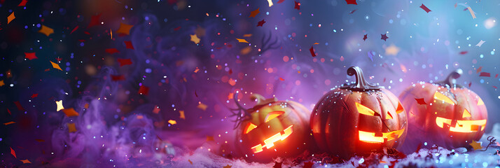 Halloween pumpkins on a beautiful pink and purple background with confetti and shiny bokeh, banner