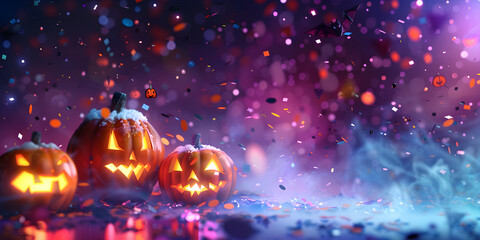 Halloween pumpkins on a beautiful pink and purple background with confetti and shiny bokeh, banner