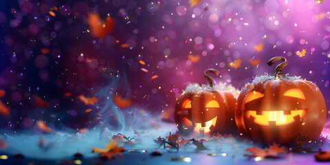 Halloween pumpkins on a beautiful pink and purple background with confetti and shiny bokeh, banner