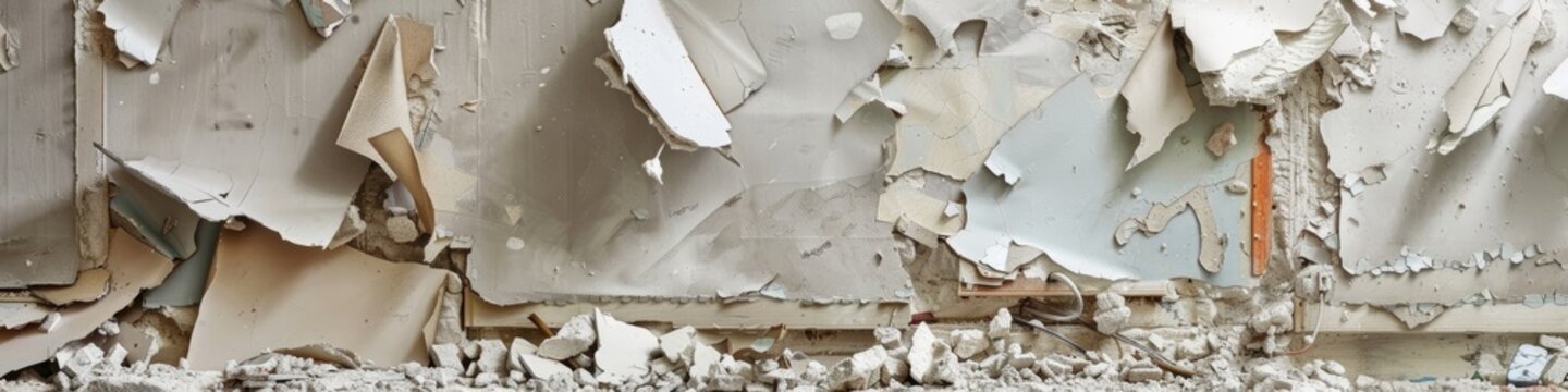 Plasterboard wall demolished on construction site featuring fragments of plaster and cardboard scattered with dust