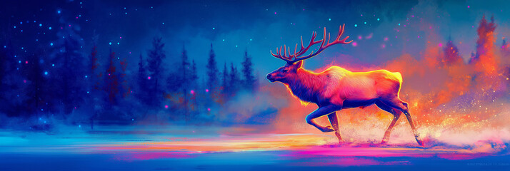 Neon Elk Running Through glowing Bioluminescent Woods