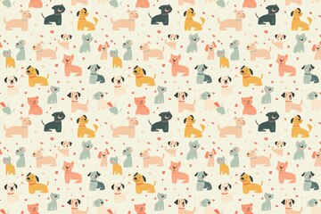 Seamless pattern of cute cartoon dogs on a soft pastel background