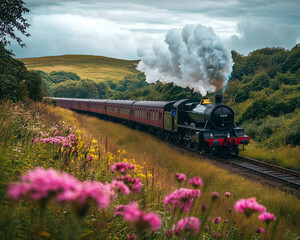 Obraz premium A steam train in the midst of a lush green countryside with wildflowers in the foreground