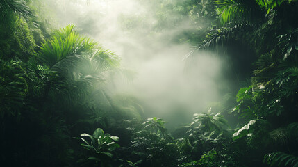Mist rising from lush greenery in a rainforest setting