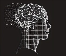 Obraz premium black and white vector illustration of the profile view human head with brain made from pixels, black background.