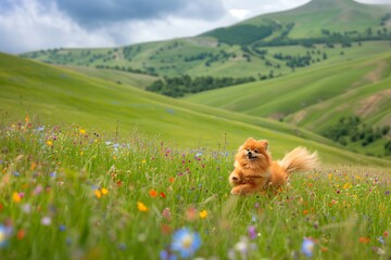 A picturesque countryside scene, with rolling hills dotted with rainbow-colored wildflowers and a Pomeranian bounding joyfully through the lush green fields.