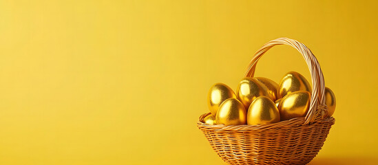 Obraz premium Easter basket adorned with gold eggs featuring patterns. isolated on a yellow background design