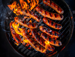 Fried sausages and sausages on the grill, subject photography, banner, top view,