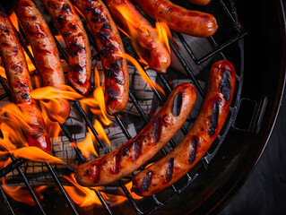 Fried sausages and sausages on the grill, subject photography, banner, top view,