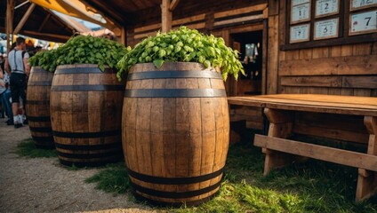 Fototapeta premium Wooden barrel with hops