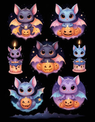 Cute baby bat like creatures or characters in various Halloween themed poses