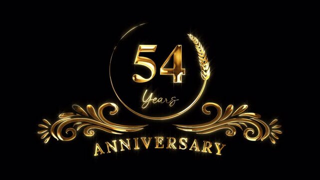 54th Anniversary Celebration. Happy 54 Years Anniversary Animation in Gold Color on the Transparent Background, Alpha Channel. Great for greetings, celebrations, events, and gifts.