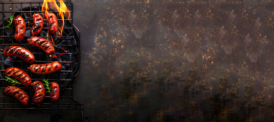 Fried sausages and sausages on the grill, subject photography, banner, top view, free space for text