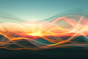 Abstract sunrise, blending warm and cool tones, dynamic and flowing composition, evokes peace and transition, soft gradients and subtle details, glowing horizon