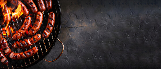 Fried sausages and sausages on the grill, subject photography, banner, top view, free space for text