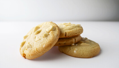 Homemade white chocolate chip cookies on a white surface.