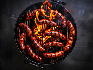 Fried sausages and sausages on the grill, subject photography, banner, top view,