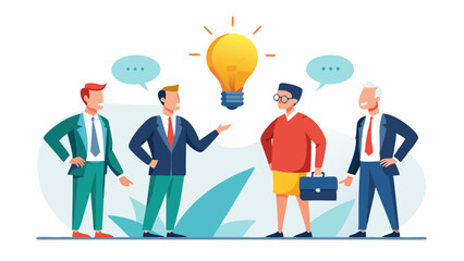 Effective communication, meeting discussion or conversation solution, speak or telling intelligence information, male team opinion new idea concept, business people only male discuss with lightbulb sp