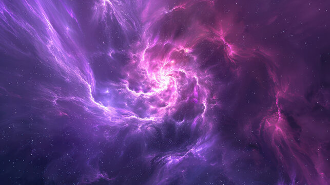 A photographic depiction of an ethereal nebula, swirling violet and pink hues, sparkling stardust particles, soft glowing light emanating from the center, deep space background