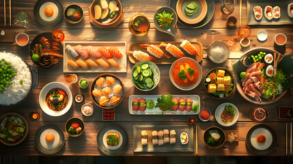 Obraz premium Japanese restaurant dinner table spread in top-down view, array of beautifully plated sushi, sashimi, tempura, surrounded, fresh salads, traditional Japanese food