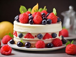 Sponge cake with strawberries, blueberries and cream