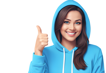 Happy Young Woman in Blue Hoodie Showing Thumbs-Up - AI Generated Transparent PNG