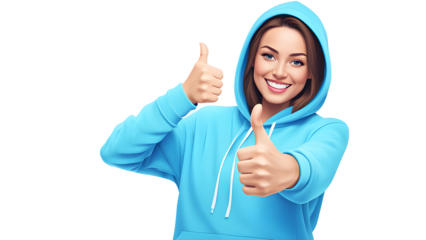 Young Woman in Blue Hoodie with Thumbs-Up Gesture - AI Generated Transparent PNG