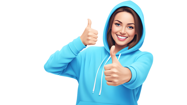 Young Woman in Blue Hoodie with Thumbs-Up Gesture - AI Generated Transparent PNG