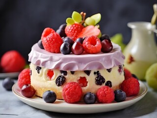 Sponge cake with strawberries, blueberries and cream