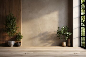 Modern contemporary loft empty room with open door to garden 3d render. The Room. have concrete and wooden plank wall, parquet floor, plants, panoramic window