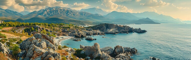 Obraz premium Rocky coastline with mountains at sunset in a scenic coastal landscape