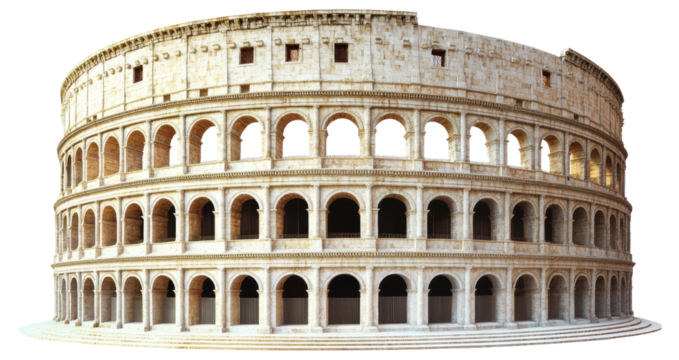 The Colosseum in Rome stands majestically under bright daylight, showcasing its ancient architecture and iconic arches, cut out - stock png.