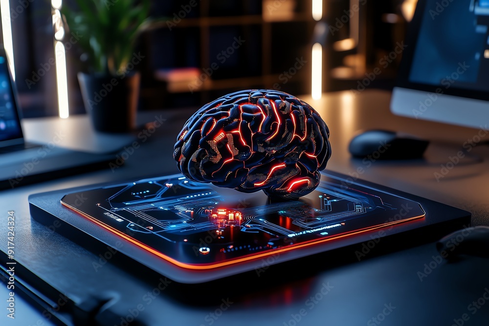 Fototapete futuristic digital brain with intricate circuits and holographic data displays in advanced tech lab