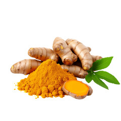Fresh turmeric with powder with leaves isolated on a transparent background
