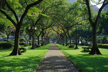 Pathway through a lush park with trees and manicured lawns