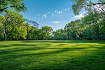 Obraz premium Expansive green lawn surrounded by trees on a sunny day