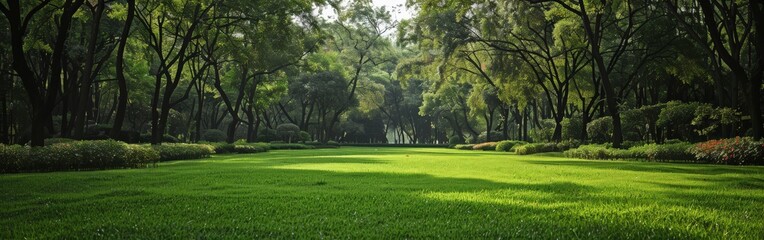Obraz premium Lush green lawn in a serene park surrounded by trees in daylight