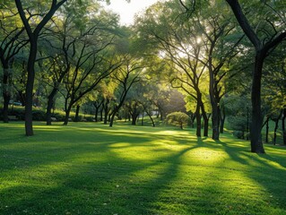 Lush green park with sunlight filtering through the trees at dusk