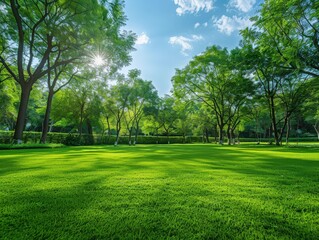 Lush green lawn in a serene park under a bright sky