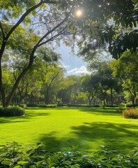 Naklejka premium Lush green park with vibrant lawns and sunny skies on a clear day