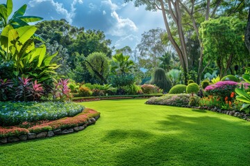 Vibrant park featuring expansive lawn and colorful flower beds in daylight