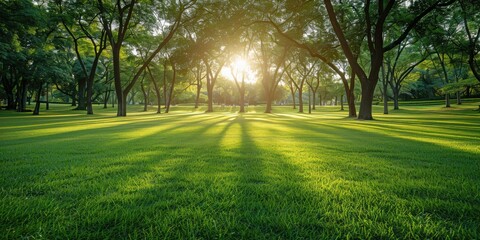 Obraz premium Lush park with sunlight filtering through trees on a serene day