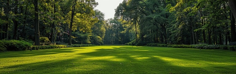 Obraz premium Expansive green lawn in a serene park surrounded by trees