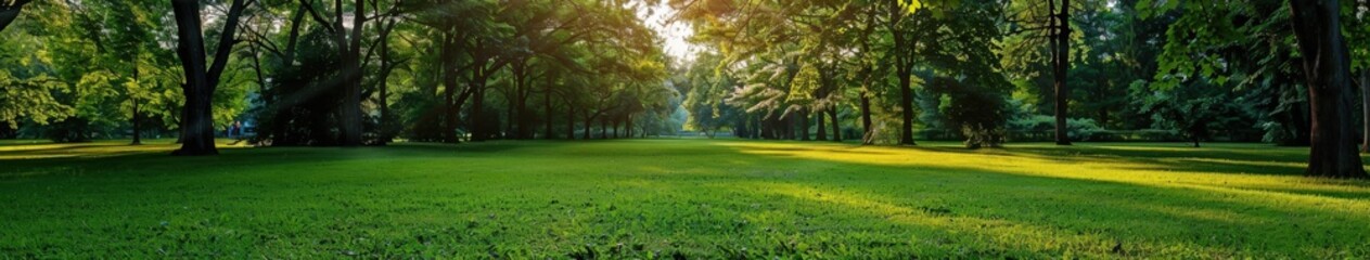 Obraz premium Lush green park lawn illuminated by sunlight in late afternoon